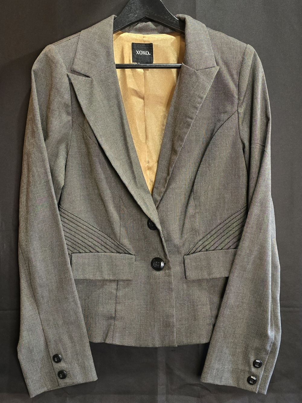 XOXO Textured Grey Pleated Peplum Back Martingale Strap Blazer